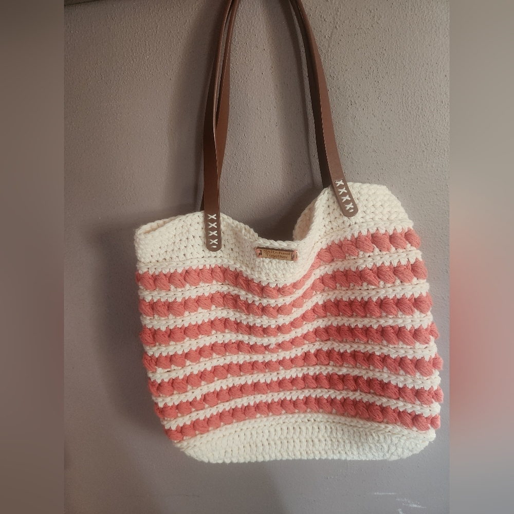 Knit Coral and Cream Tote Bag